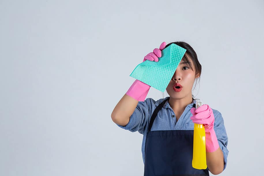 Woman with apron posing for camera while holding a cloth and spray wth gloves